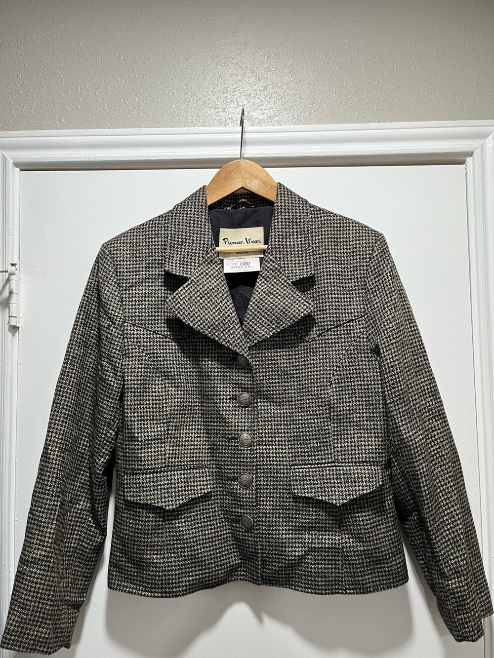 Pioneer Wear Women's Western Houndstooth Blazer Jacket Sz 14 Gray Wool Blend VTG